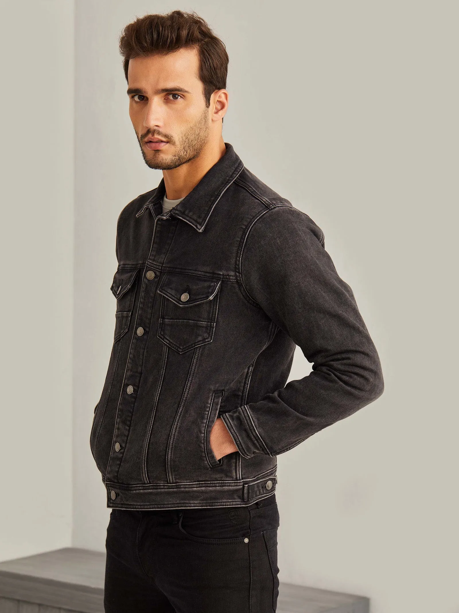 Black Solid Denim Jacket