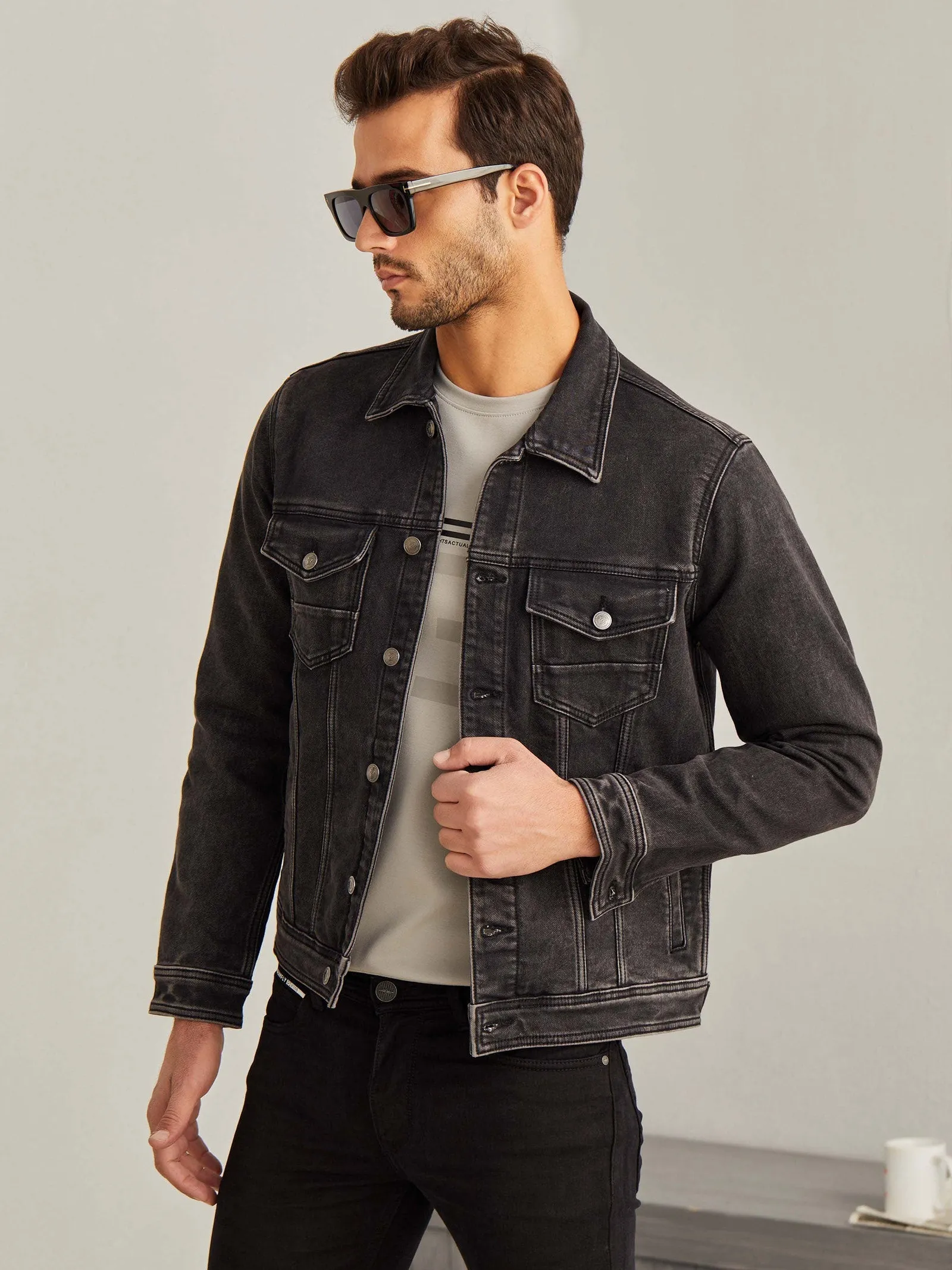 Black Solid Denim Jacket