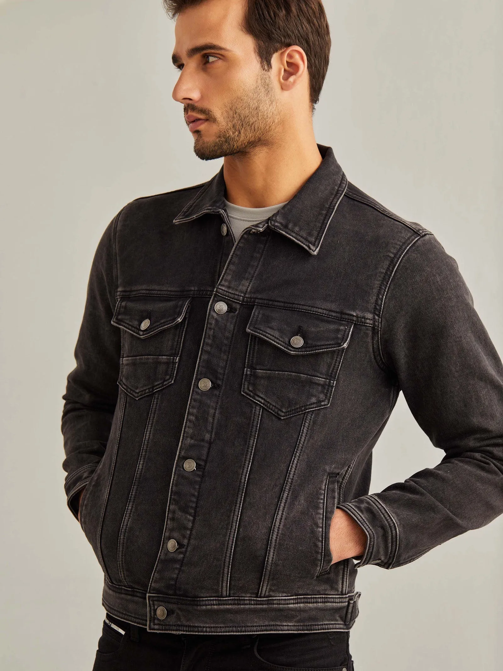 Black Solid Denim Jacket