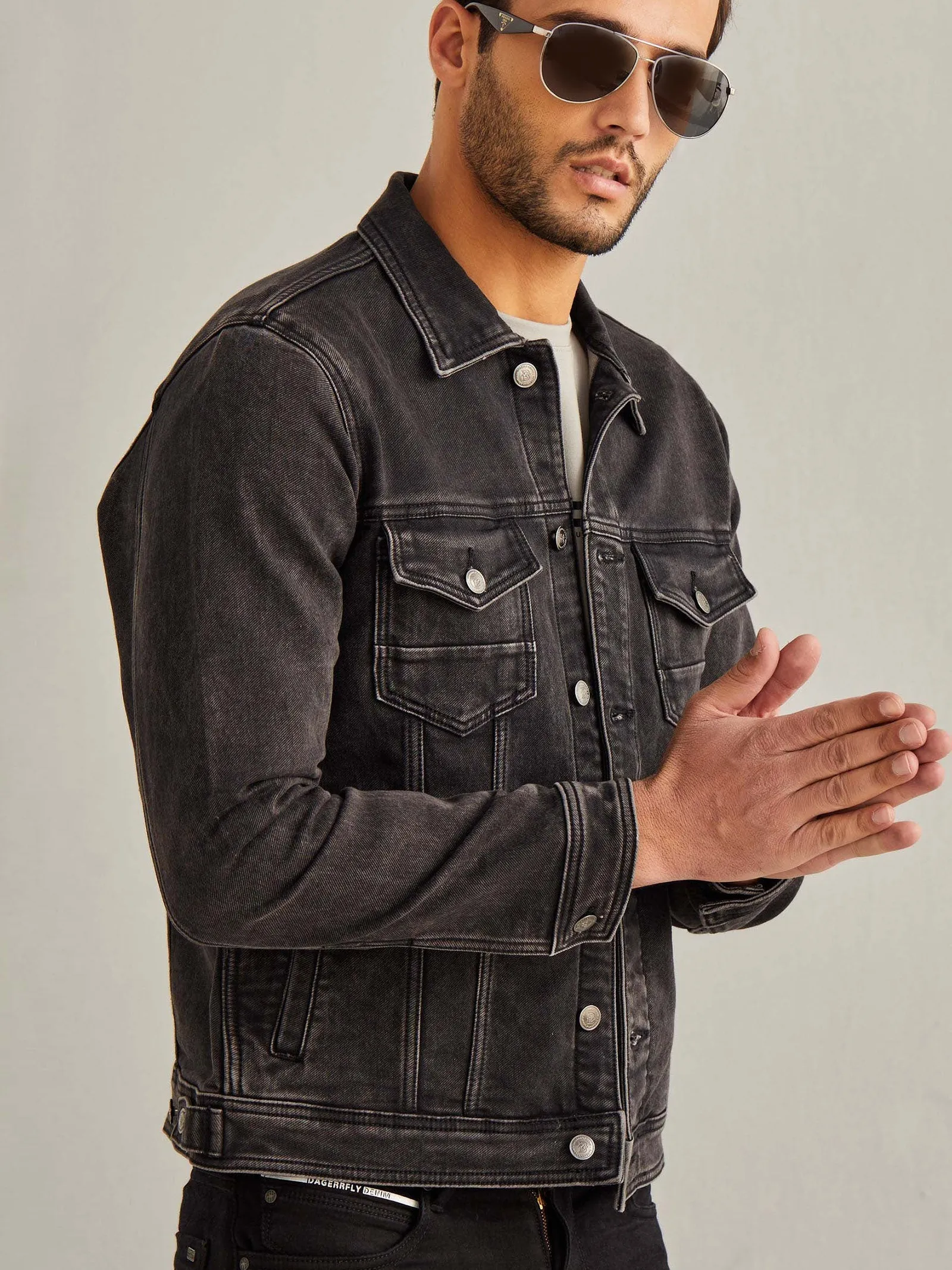 Black Solid Denim Jacket