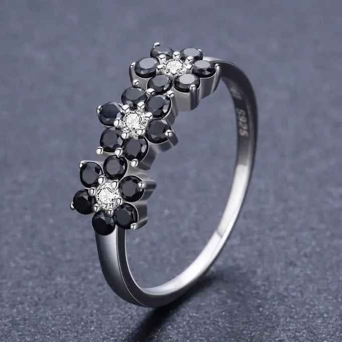 Black Spinel Flowers 925 Sterling Silver Fine Wedding Ring