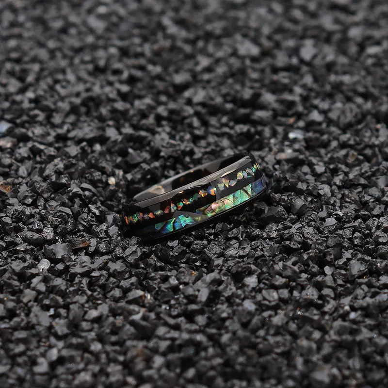 Black Tungsten Carbide with Shell and Opal Inlay Wedding Band