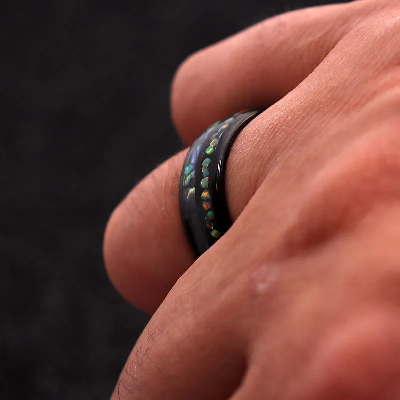 Black Tungsten Carbide with Shell and Opal Inlay Wedding Band