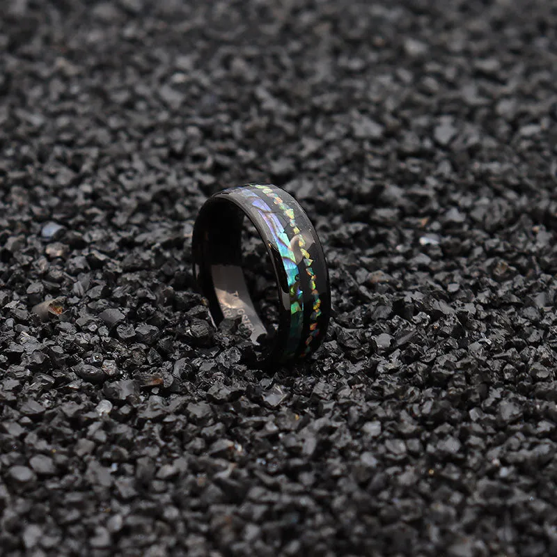 Black Tungsten Carbide with Shell and Opal Inlay Wedding Band