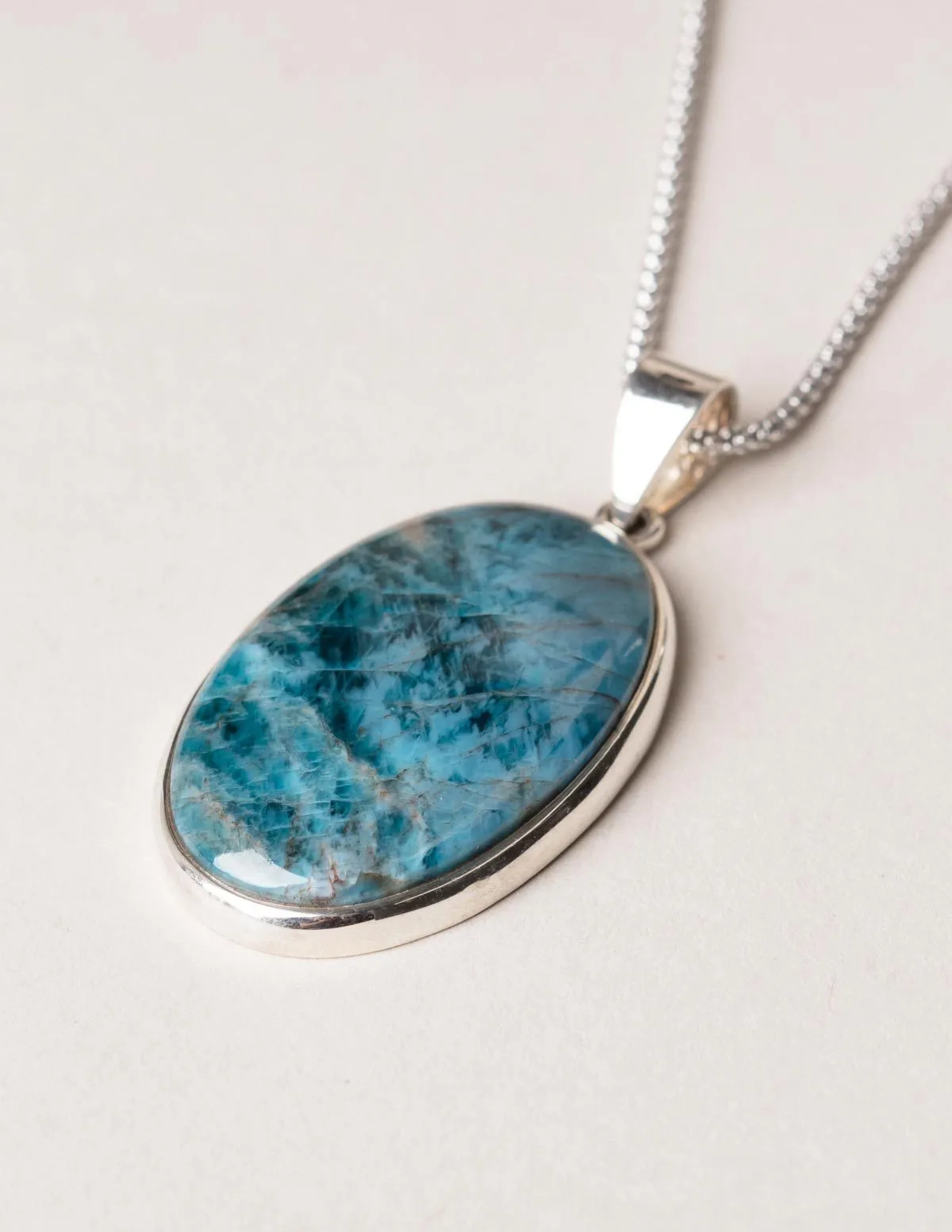 Blue Apatite Gemstone Pendant - 24 Inch Silver Rhodium Chain