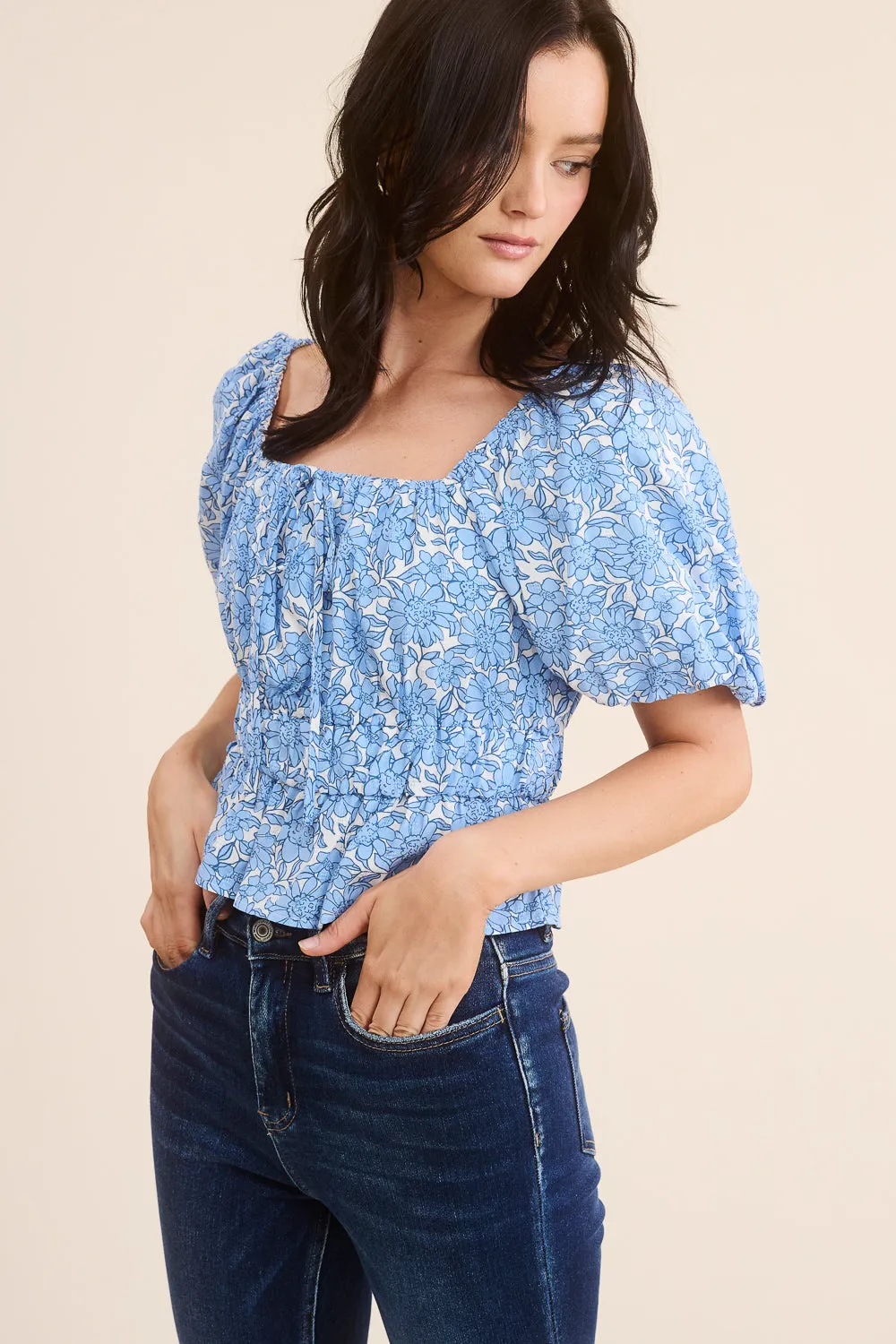 Blue Floral Puff Sleeve Top