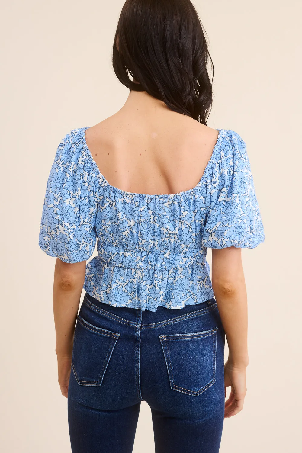 Blue Floral Puff Sleeve Top