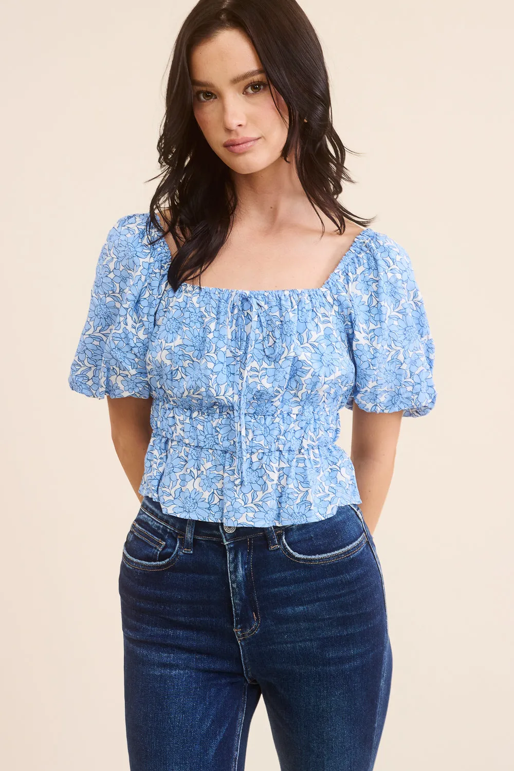 Blue Floral Puff Sleeve Top