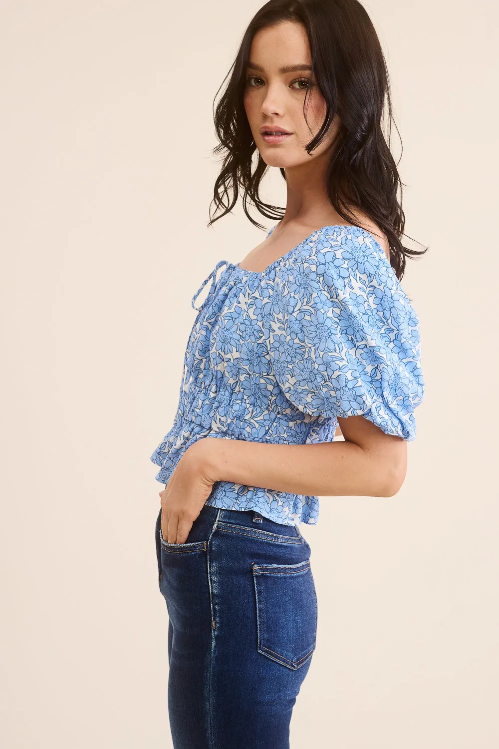 Blue Floral Puff Sleeve Top