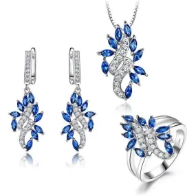 Blue Sapphire and Cubic Zirconia 925 Sterling Silver Pendant, Drop Earrings & Ring Jewelry Set