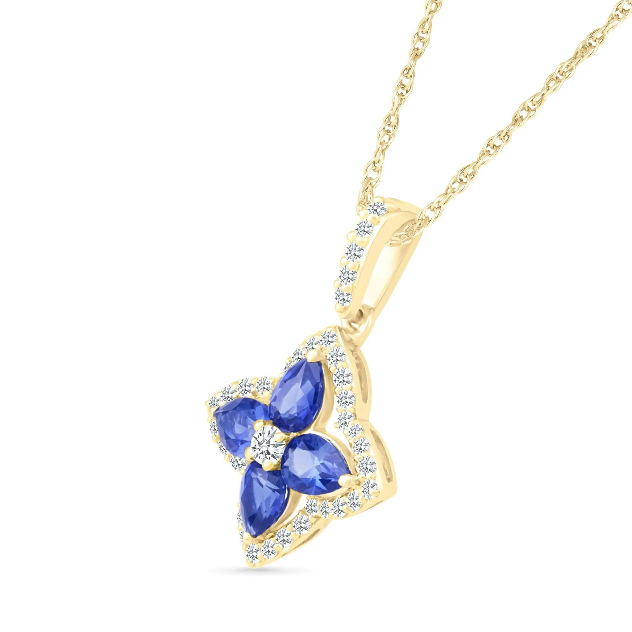 Blue Sapphire Clover Pendant with White Sapphire Halo