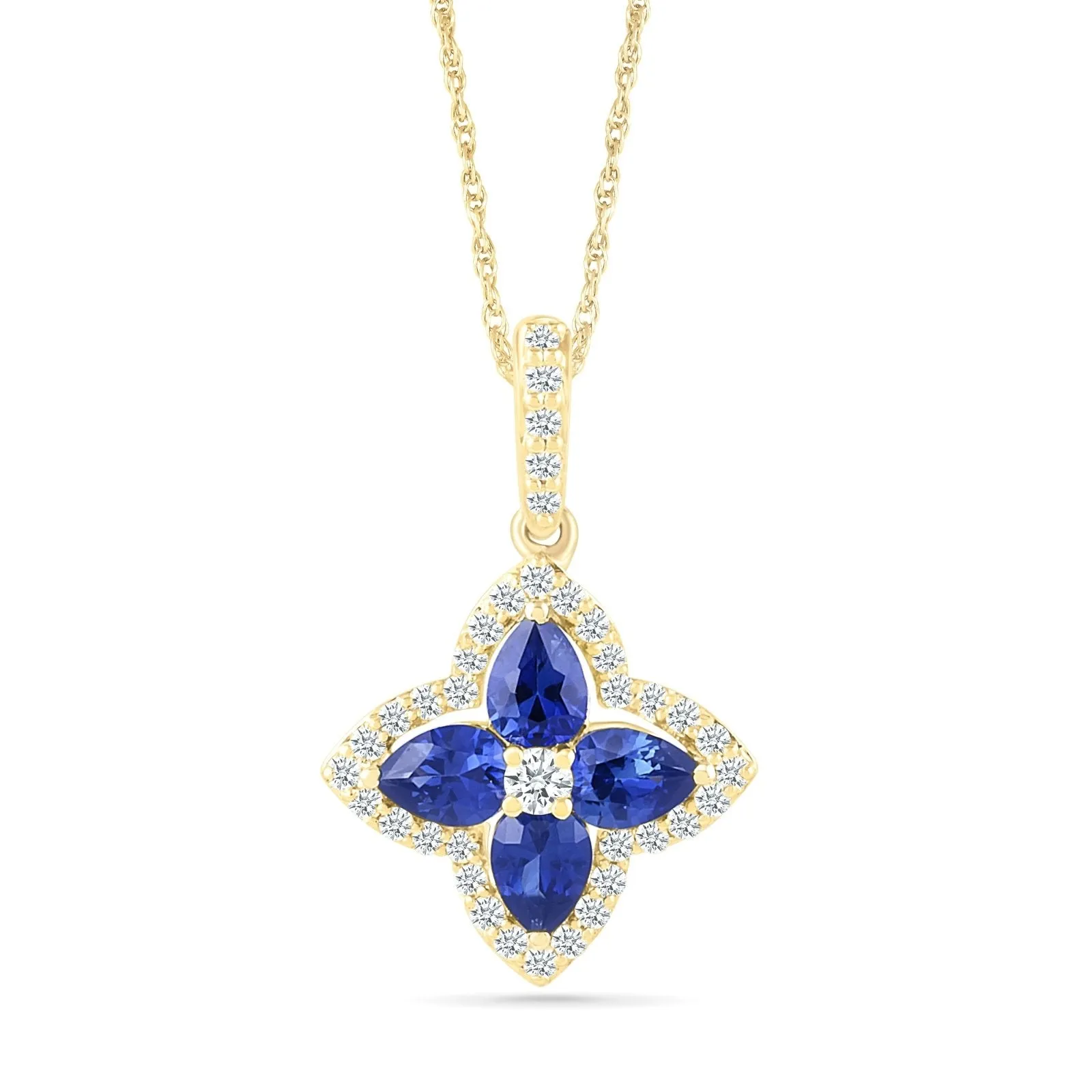 Blue Sapphire Clover Pendant with White Sapphire Halo