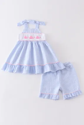 Blue whale embroidery seersucker girl set