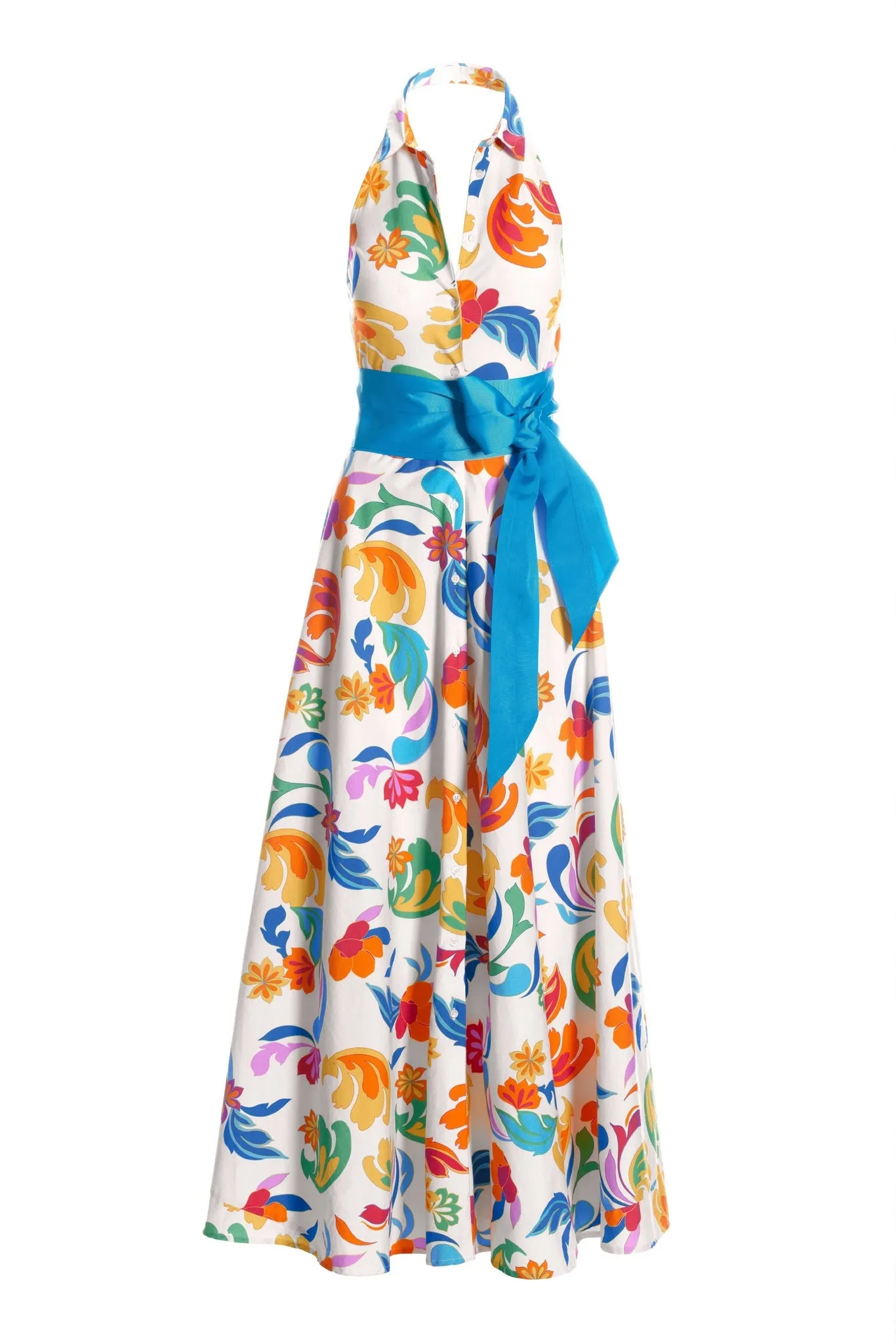 Bright Print Halter Belted Maxi Shirt Dress Multi