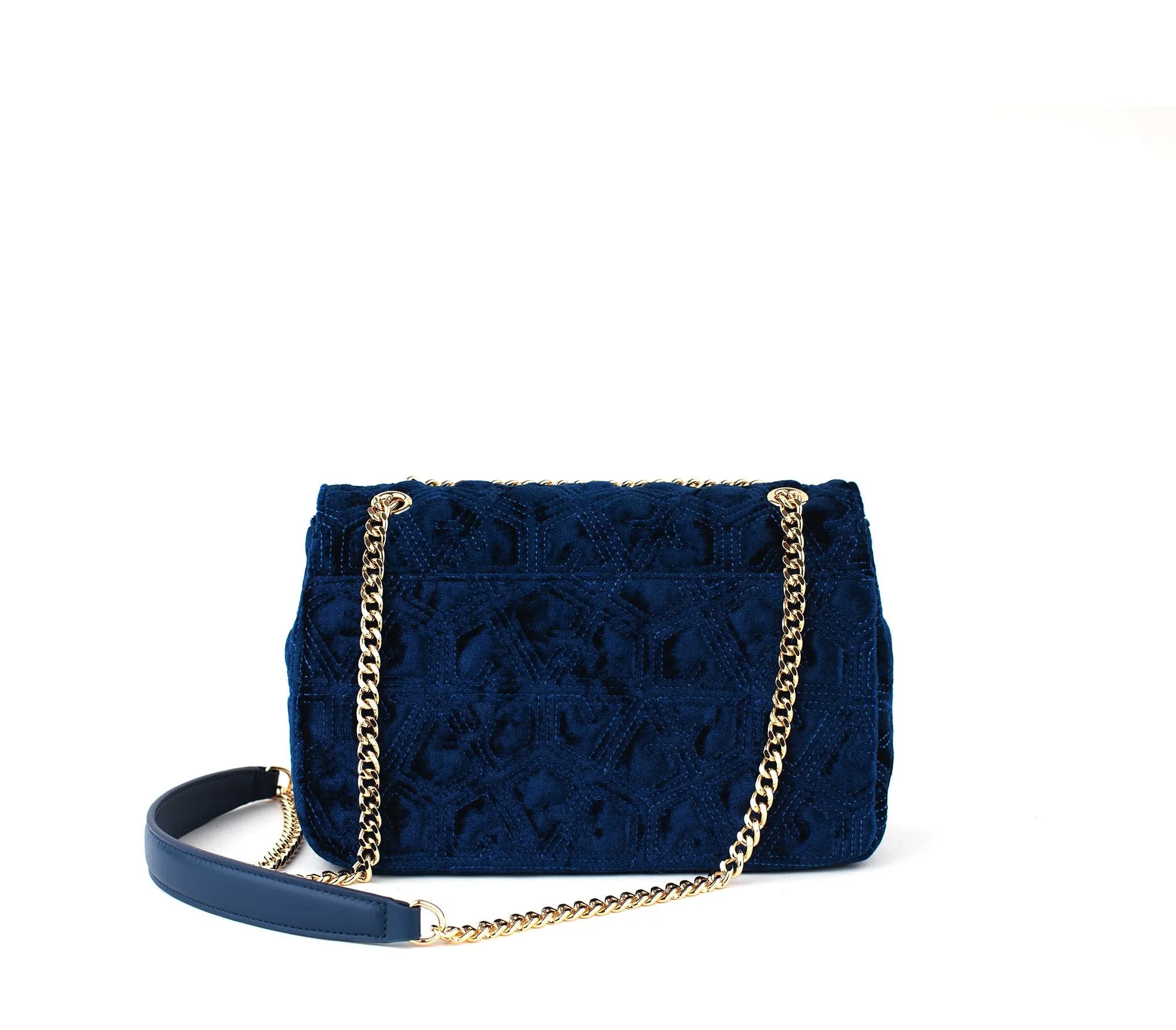 Broadway Vegan Velvet Jacquard Shoulder Bag | Navy