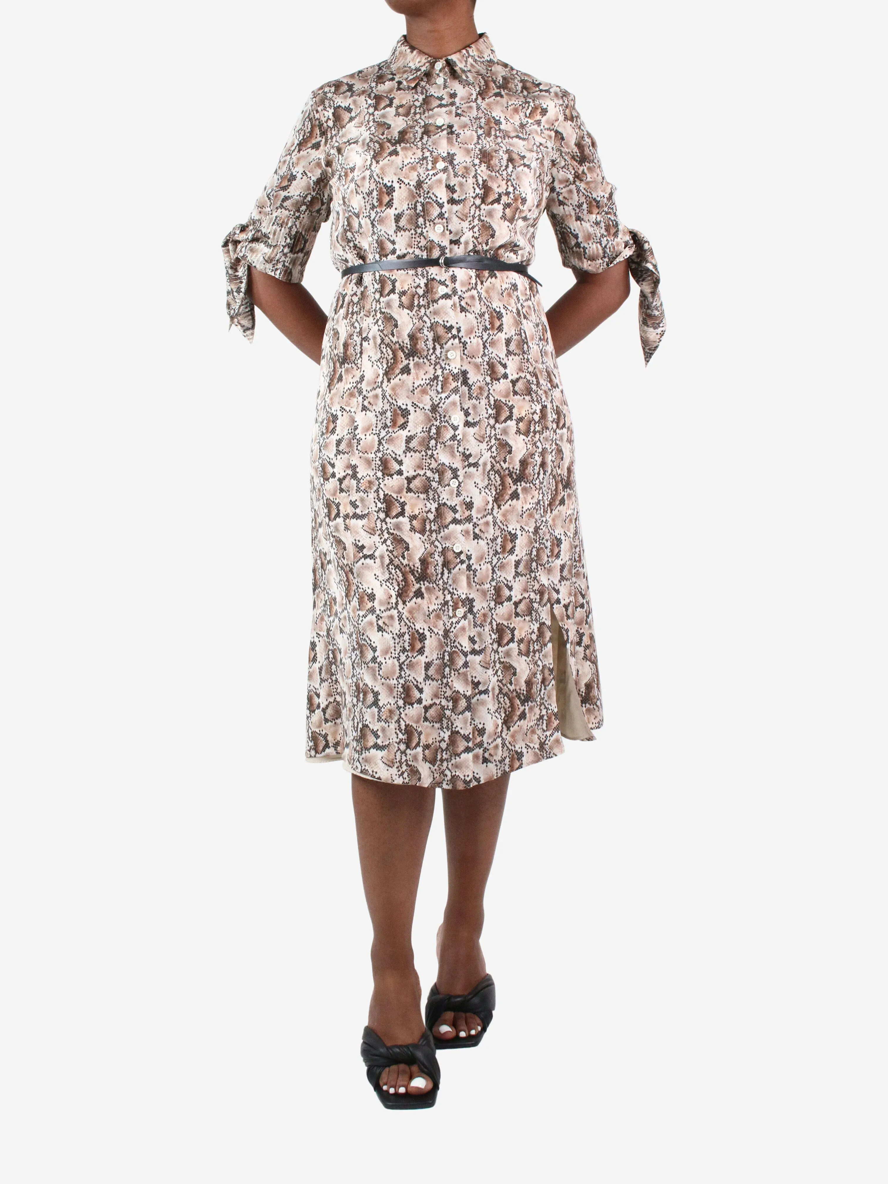 Brown belted snake print silk dress - size FR 44