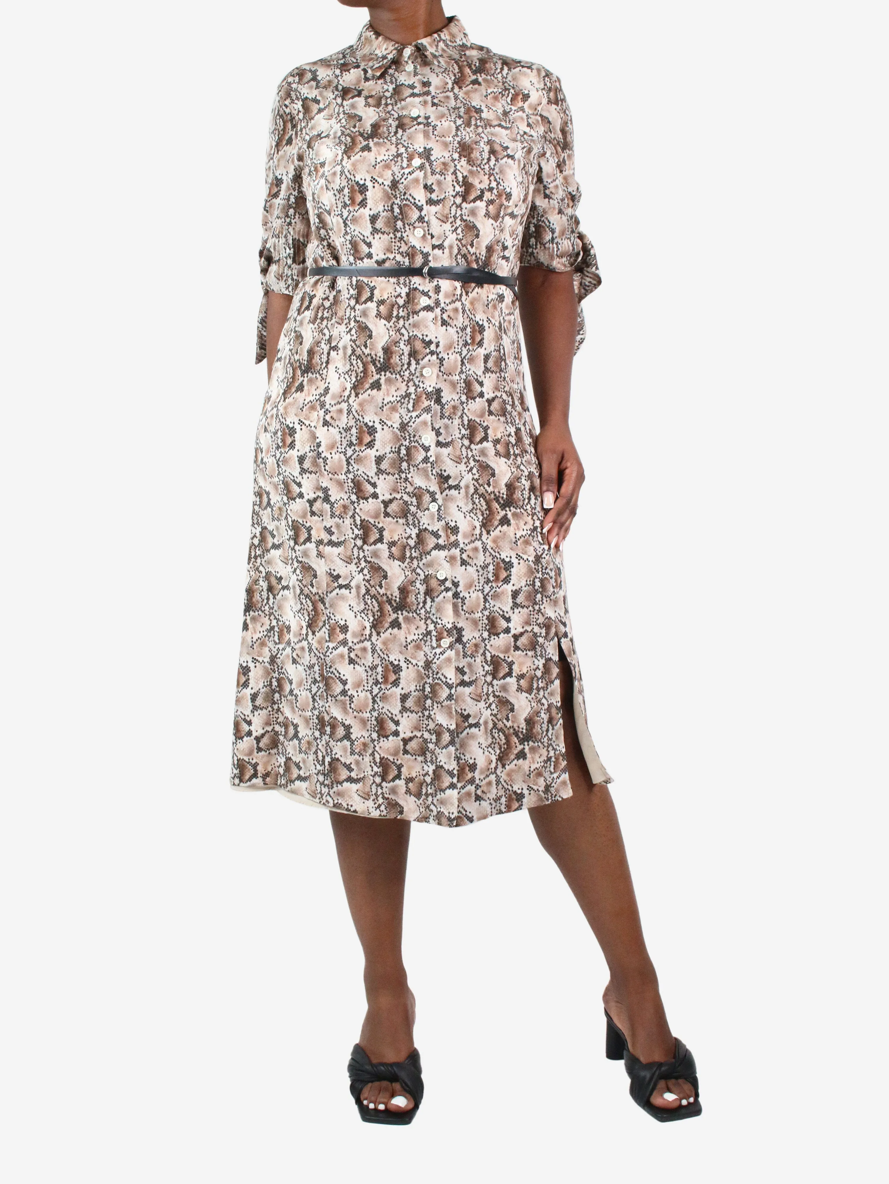 Brown belted snake print silk dress - size FR 44