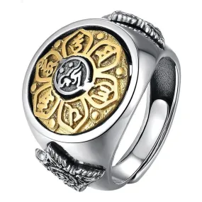 Buddha Six Words Signet and Flower Spinner 925 Sterling Silver Vintage Rock Ring