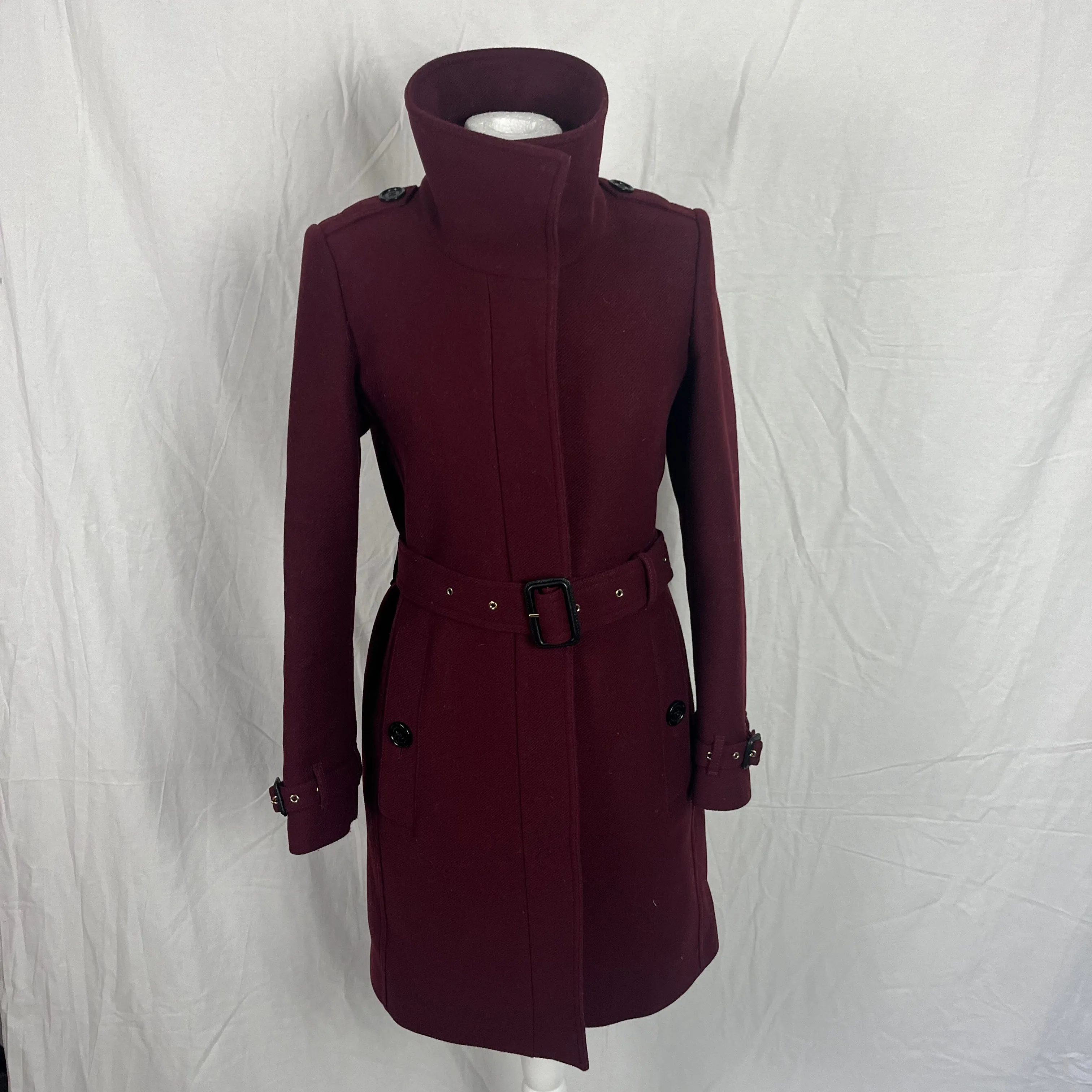 Burberry 2000 Burgundy Wool & Cashmere Belted Trench Coat XS