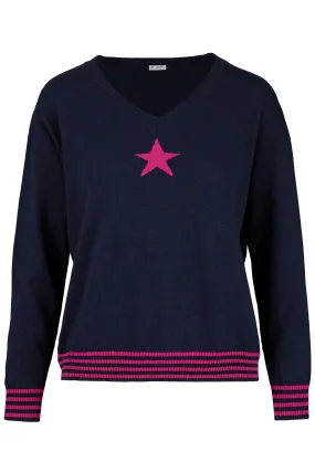 Cashmere Mix Sweater in Navy with Pink Star & Stripes