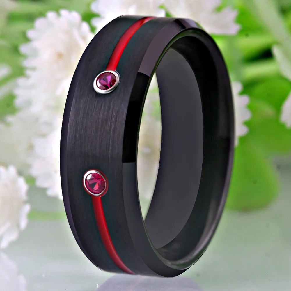 Classic Cubic Zirconia Red Groove Black-Plated Tungsten Wedding Band