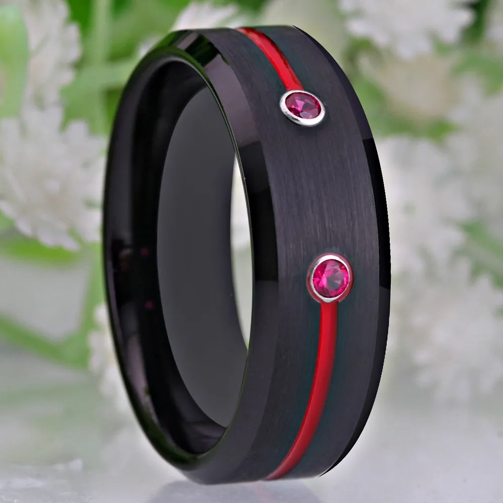 Classic Cubic Zirconia Red Groove Black-Plated Tungsten Wedding Band