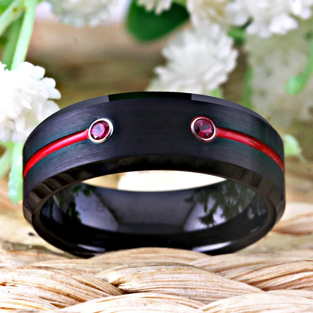 Classic Cubic Zirconia Red Groove Black-Plated Tungsten Wedding Band