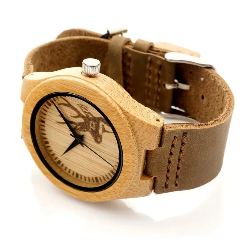 Clean Design Deer Bamboo Wooden Watch with Leather Strap Band