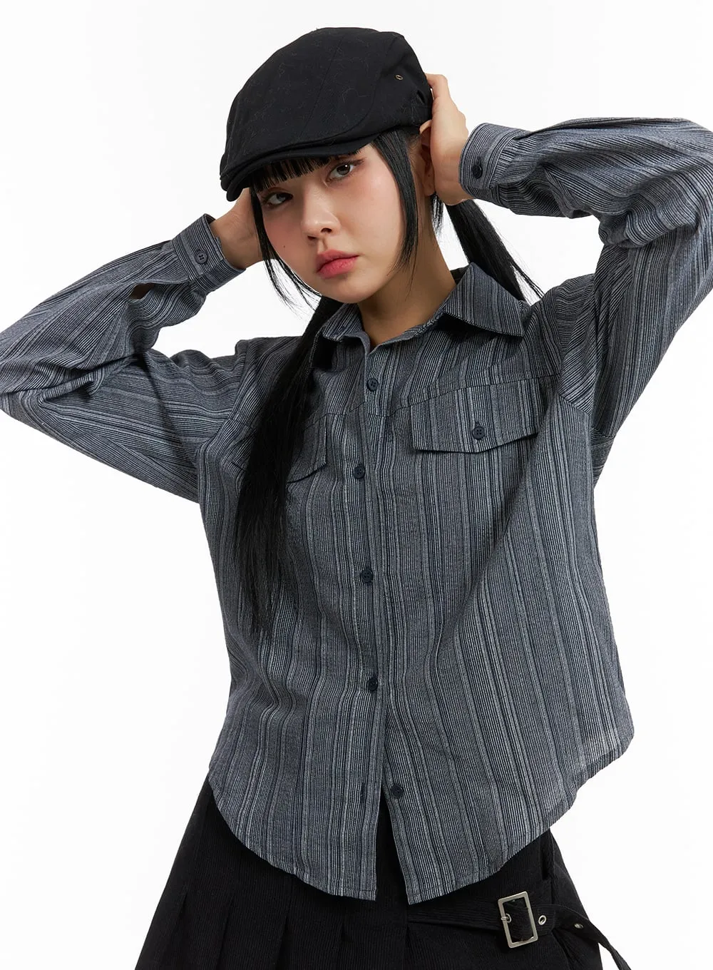 Collar Stripe Button Long Sleeve Shirt CJ411