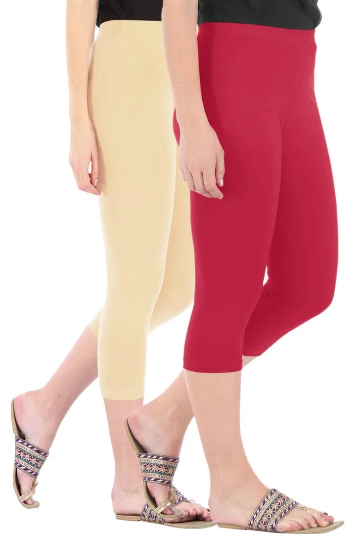 Combo Pack Of 2 Skinny Fit 3/4 Capris Leggings For Women Light Skin Tomato Red