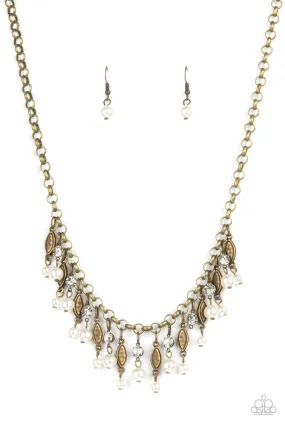 Cosmopolitan Couture Brass and White Pearl and Rhinestone Necklace - Paparazzi Accessories