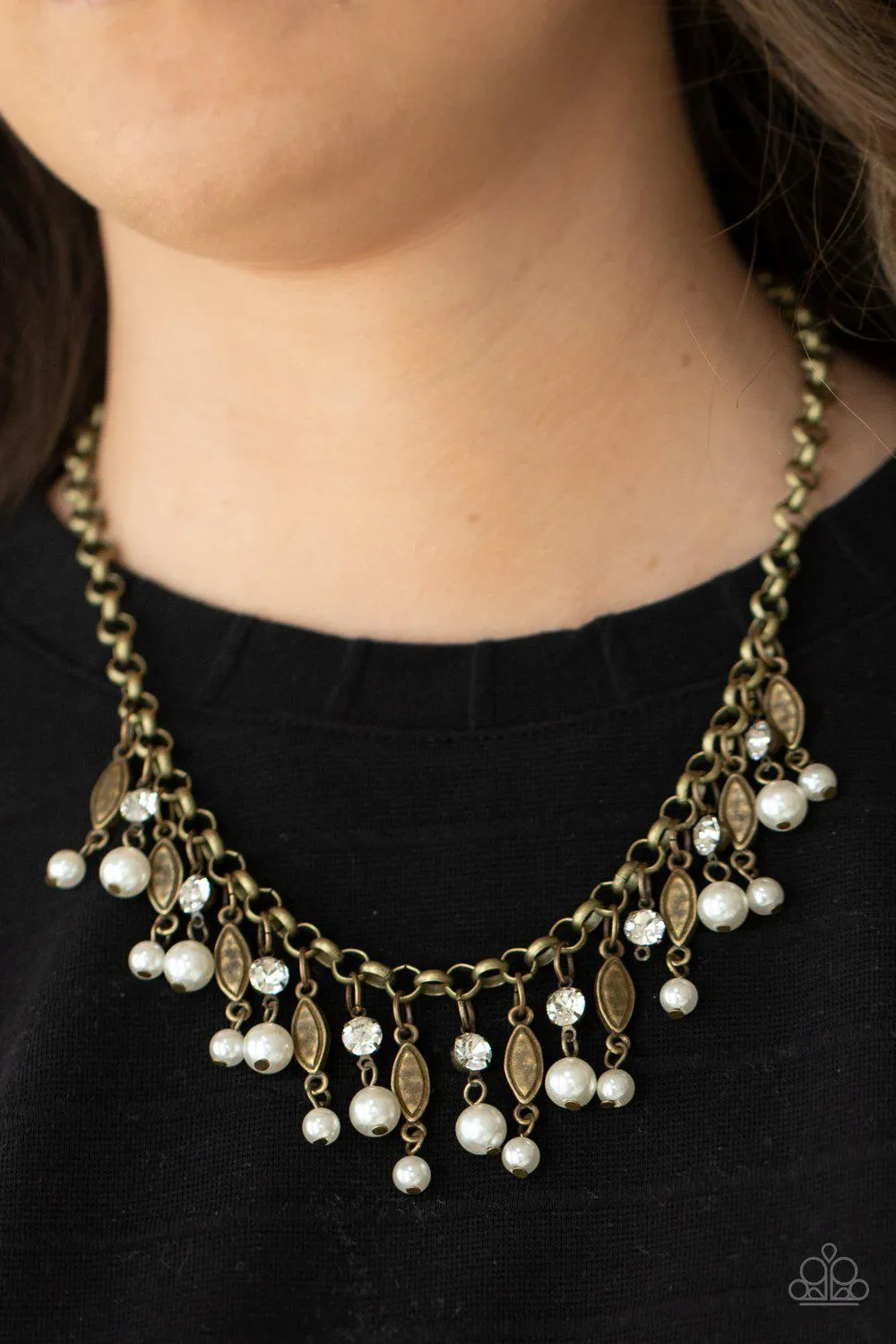 Cosmopolitan Couture Brass and White Pearl and Rhinestone Necklace - Paparazzi Accessories