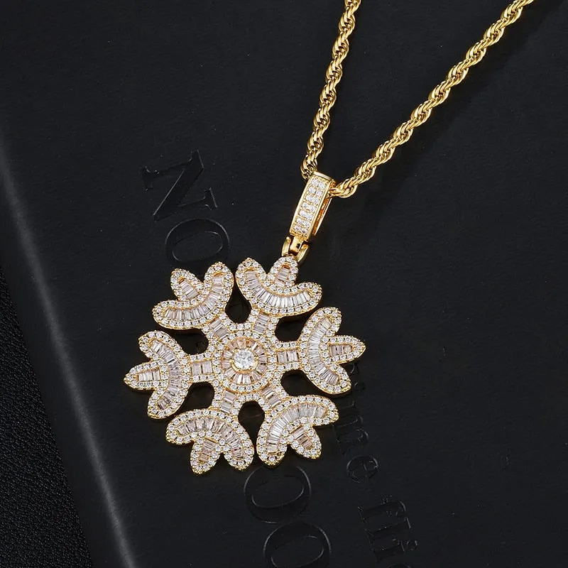 Cubic Zirconia Studded Baguette Snowflake Bling Hip-hop Pendant Necklace