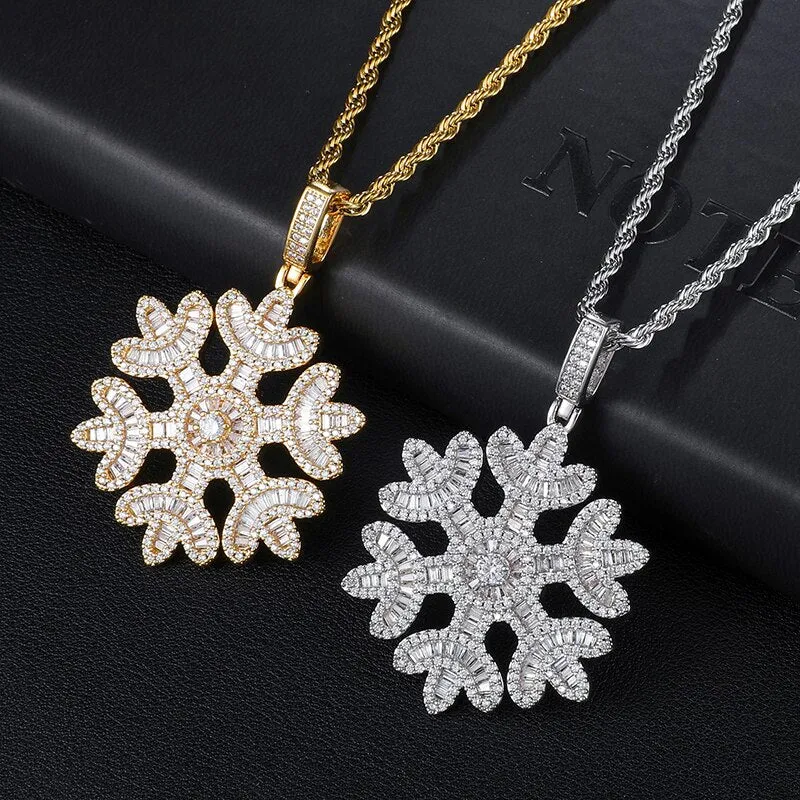 Cubic Zirconia Studded Baguette Snowflake Bling Hip-hop Pendant Necklace