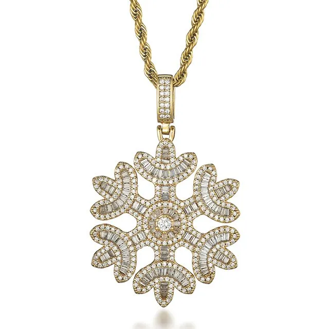 Cubic Zirconia Studded Baguette Snowflake Bling Hip-hop Pendant Necklace