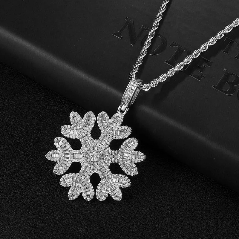 Cubic Zirconia Studded Baguette Snowflake Bling Hip-hop Pendant Necklace