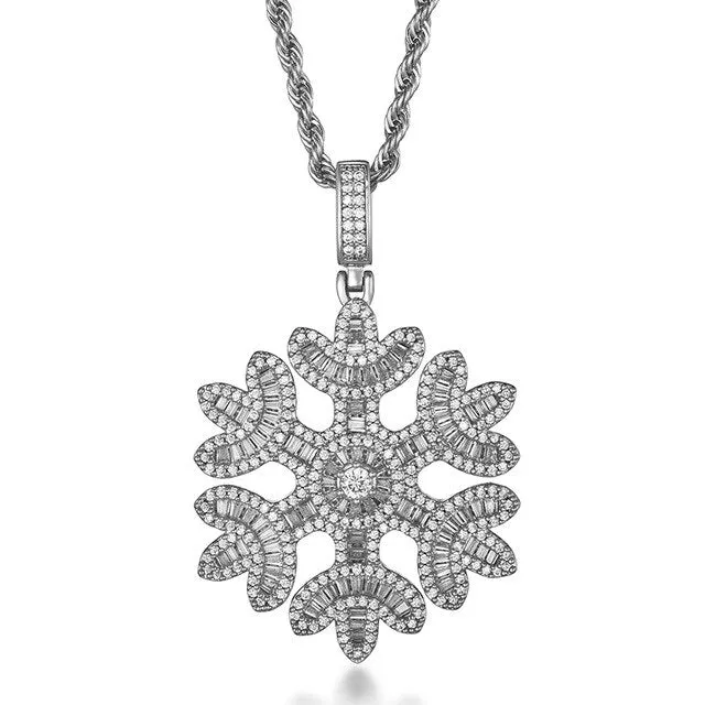 Cubic Zirconia Studded Baguette Snowflake Bling Hip-hop Pendant Necklace