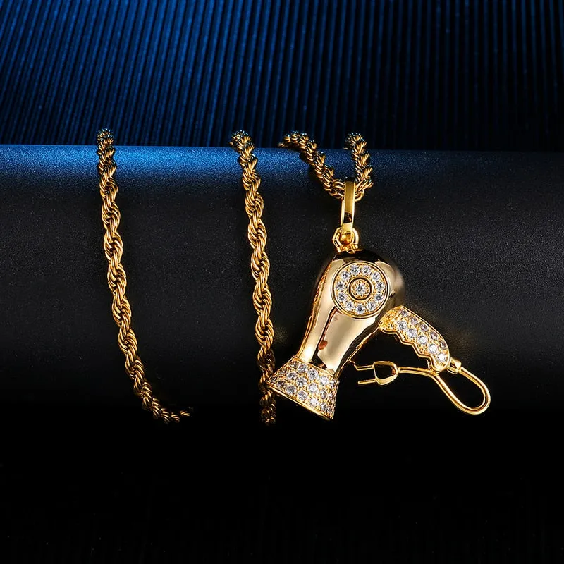 Cubic-Zirconia-Studded Hairdryer Bling Hip-hop Pendant Necklace