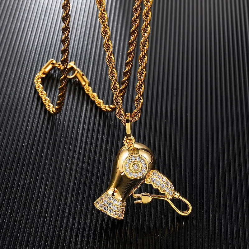 Cubic-Zirconia-Studded Hairdryer Bling Hip-hop Pendant Necklace