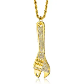 Cubic-Zirconia-Studded Wrench Bling Hip-hop Pendant Necklace