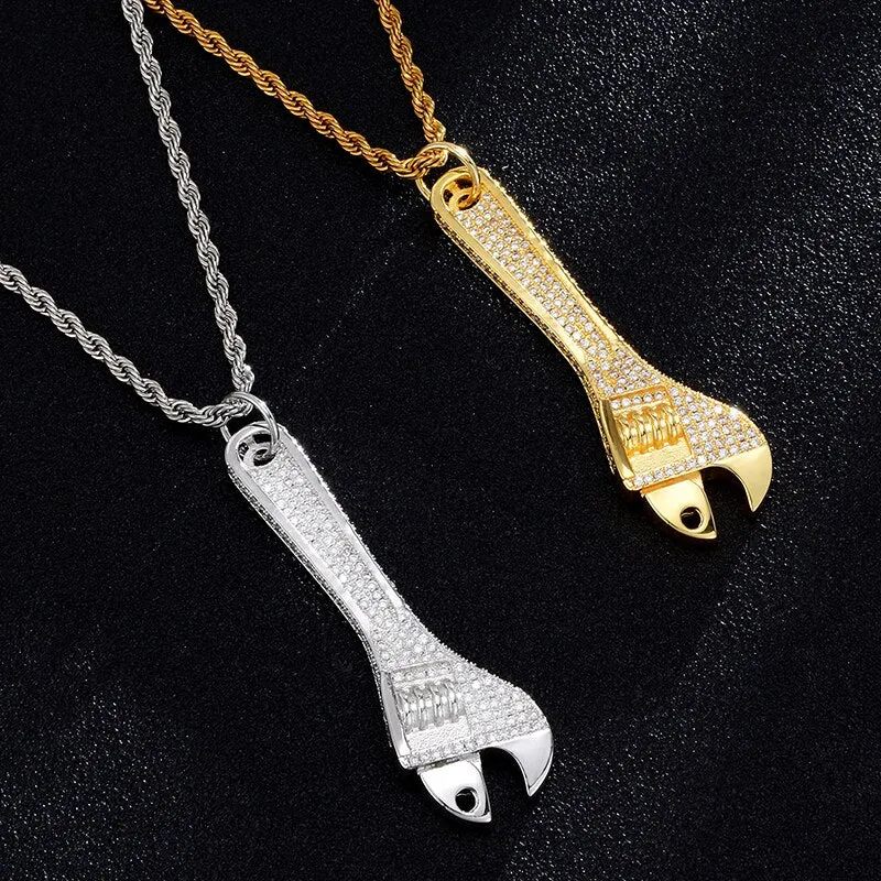 Cubic-Zirconia-Studded Wrench Bling Hip-hop Pendant Necklace