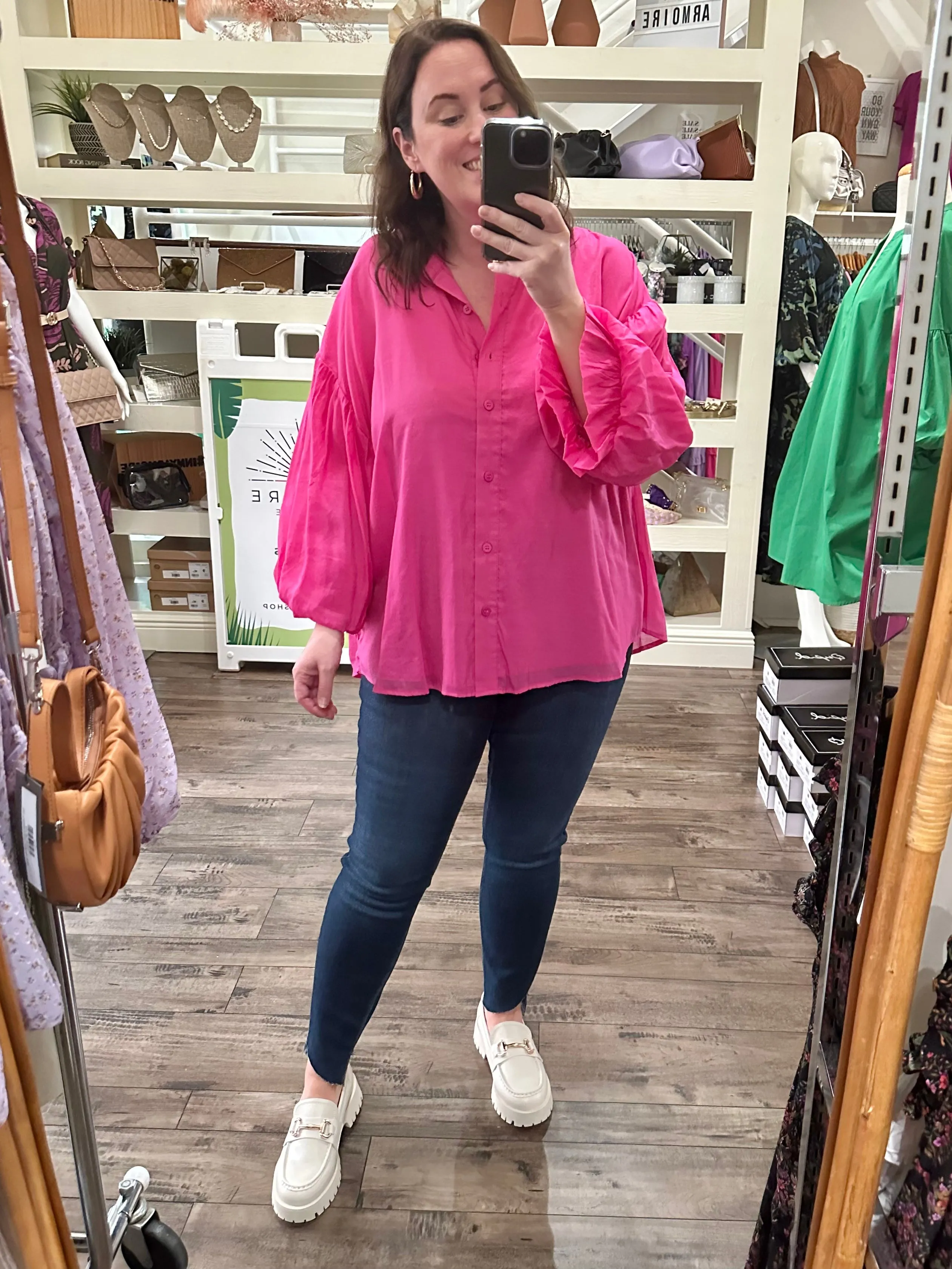 Curvy Puff Sleeve Button Down Top