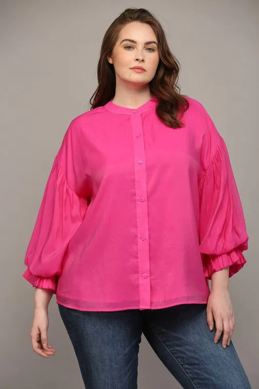 Curvy Puff Sleeve Button Down Top