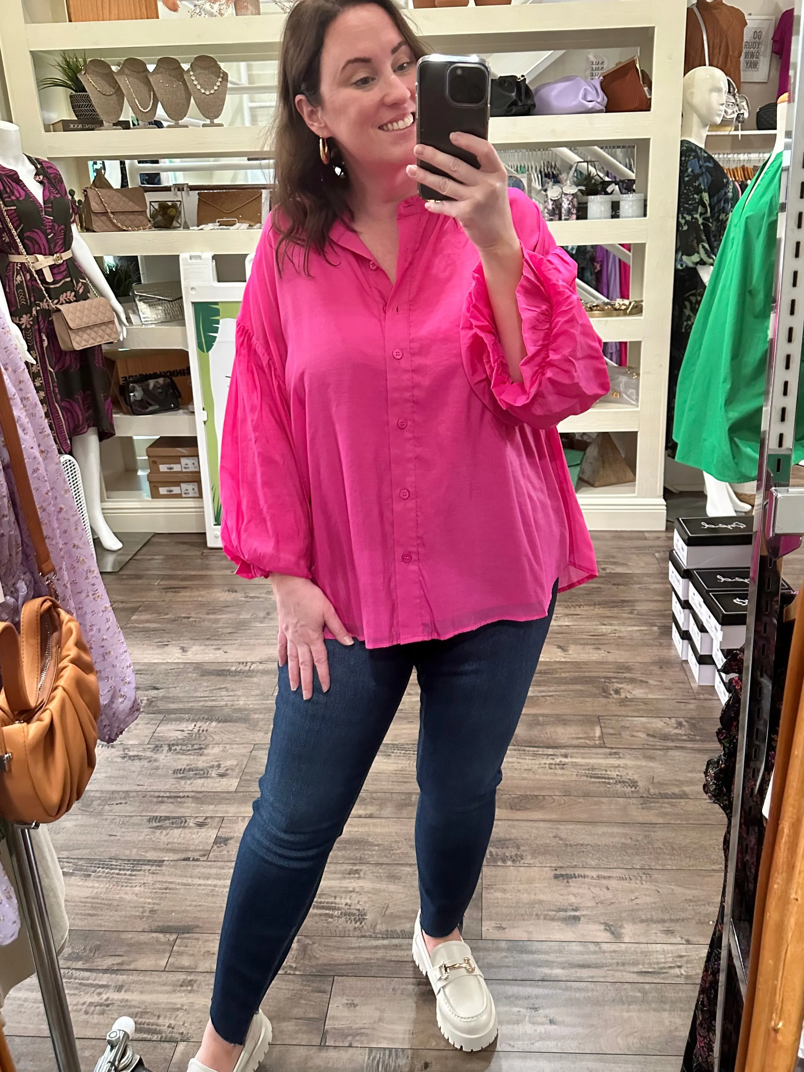 Curvy Puff Sleeve Button Down Top