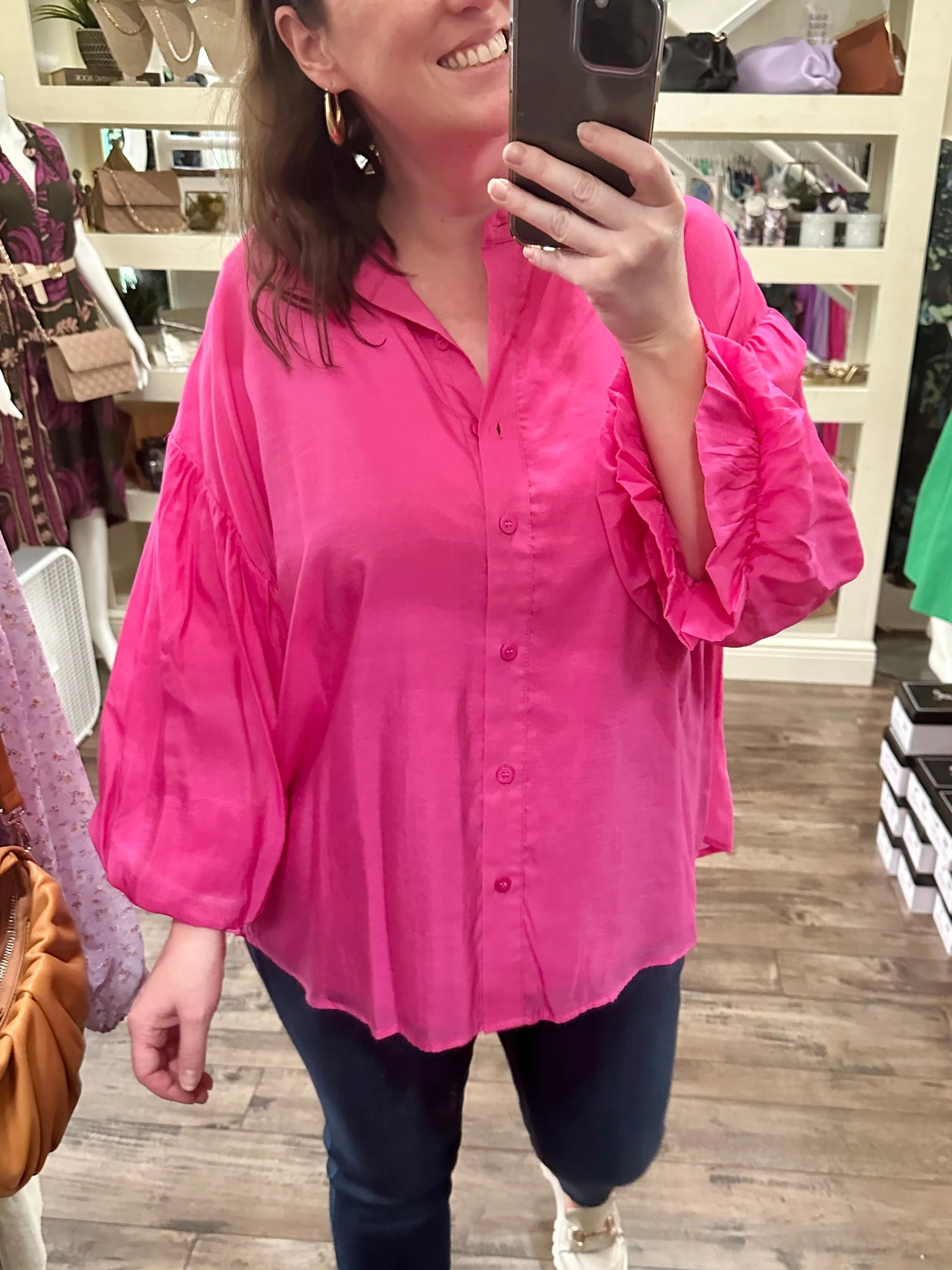 Curvy Puff Sleeve Button Down Top