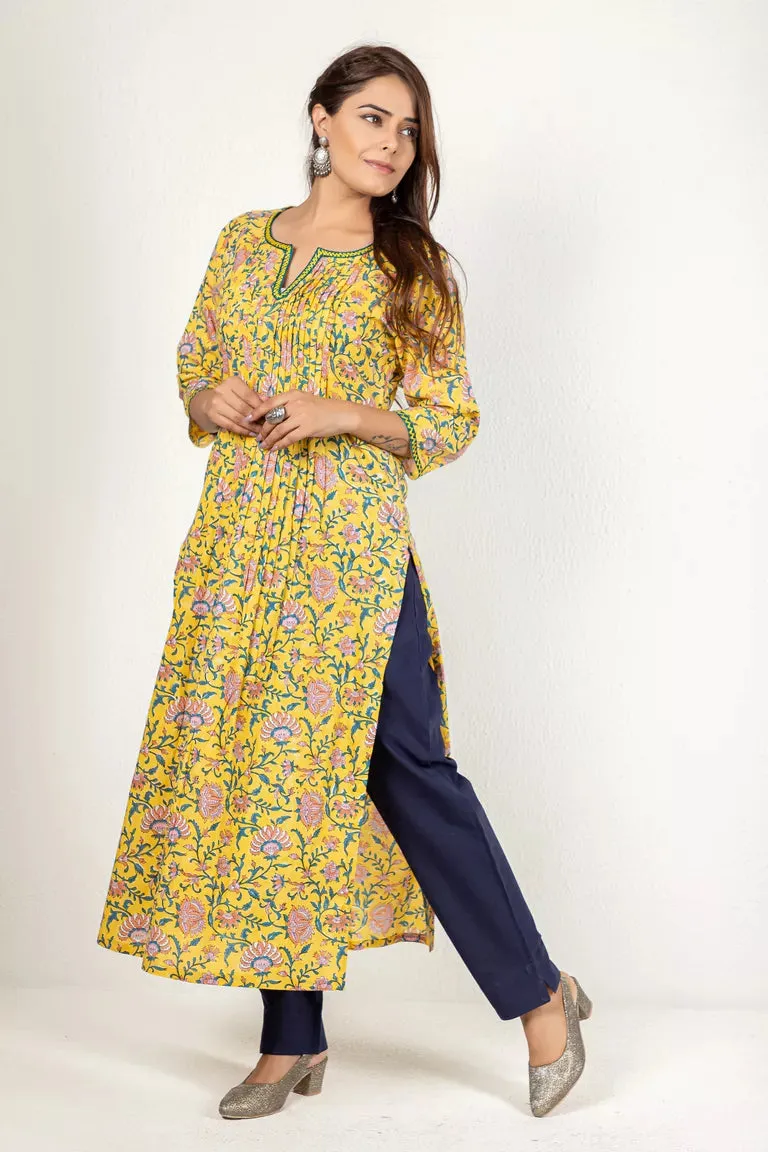 Deep Yellow & Blue Hand Block Printed Kurta