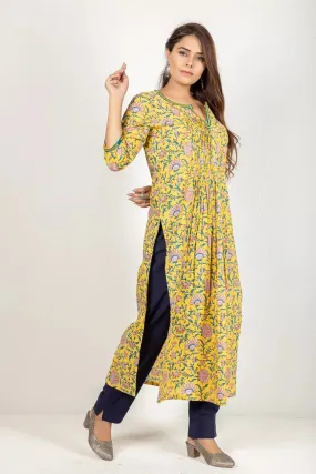 Deep Yellow & Blue Hand Block Printed Kurta