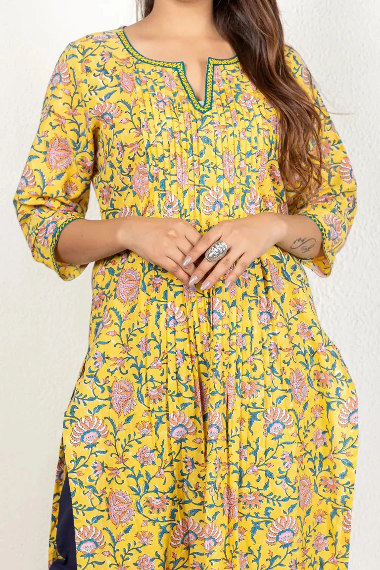 Deep Yellow & Blue Hand Block Printed Kurta