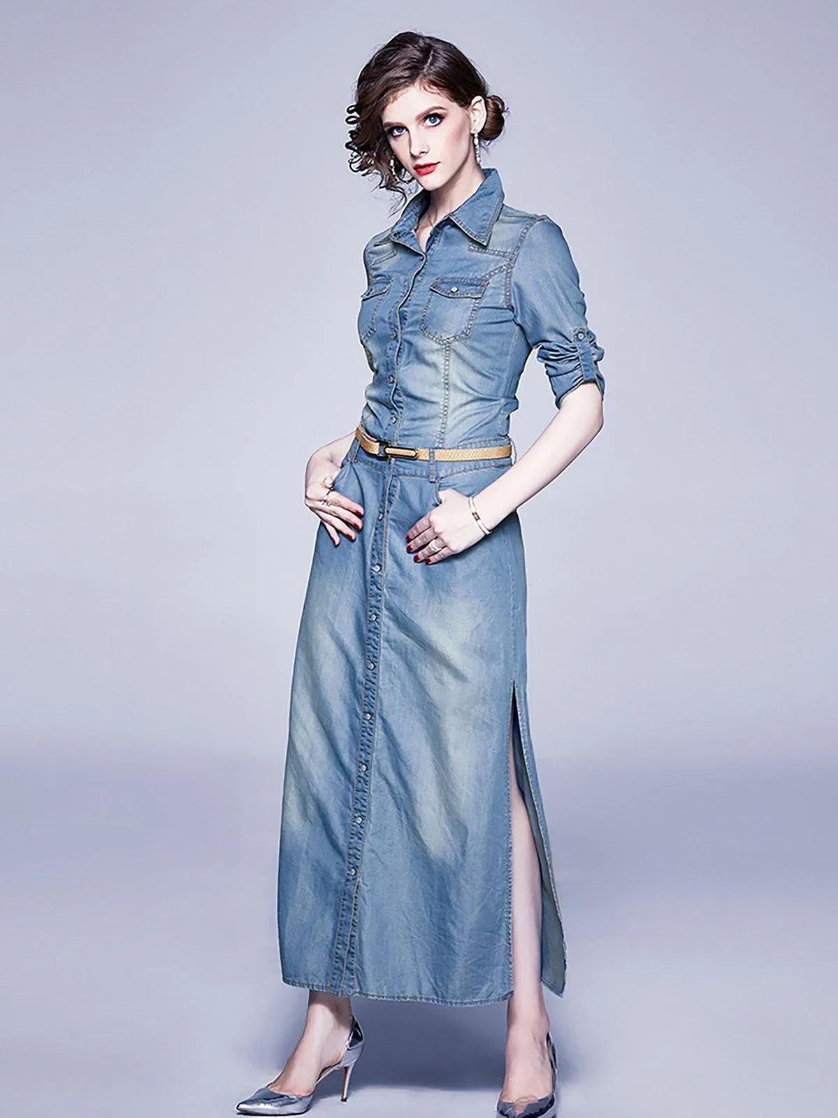 Denim Blue Belted Three-Quarter Sleeve Maxi Dress