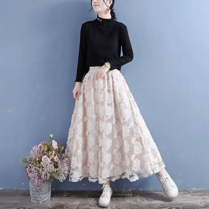 Double-Layer Flower Lace Mesh Cotton Linen Autumn Skirt